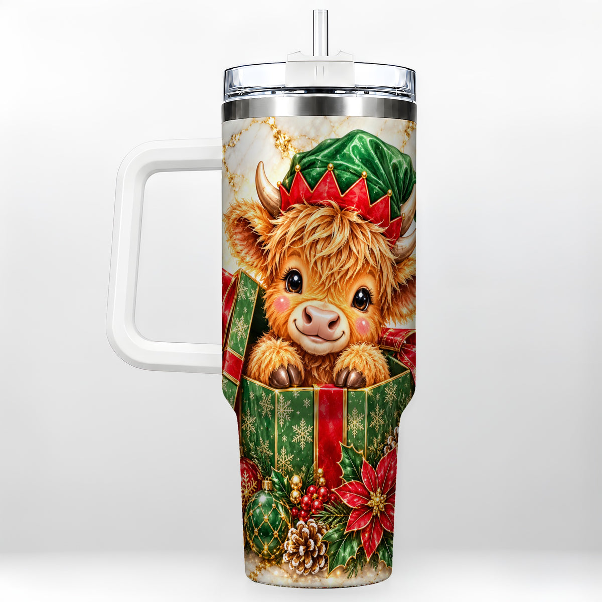 #pl[40oz|White] Elf Highland Cow 40oz Tumbler, Cow Tumbler, Stainless Steel Travel Cup