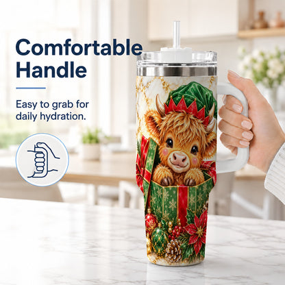 #pl[40oz|White] Elf Highland Cow 40oz Tumbler, Cow Tumbler, Stainless Steel Travel Cup
