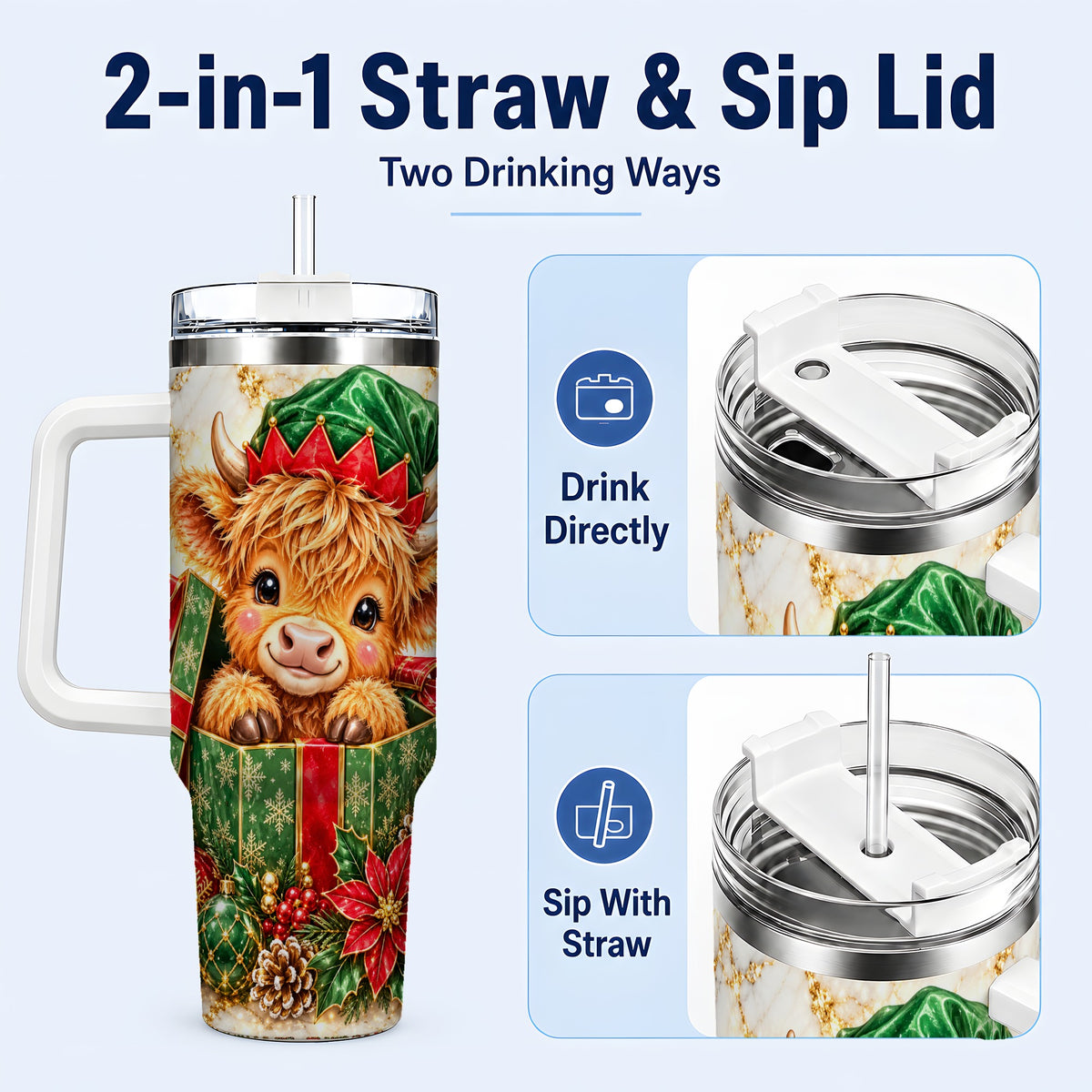 #pl[40oz|White] Elf Highland Cow 40oz Tumbler, Cow Tumbler, Stainless Steel Travel Cup