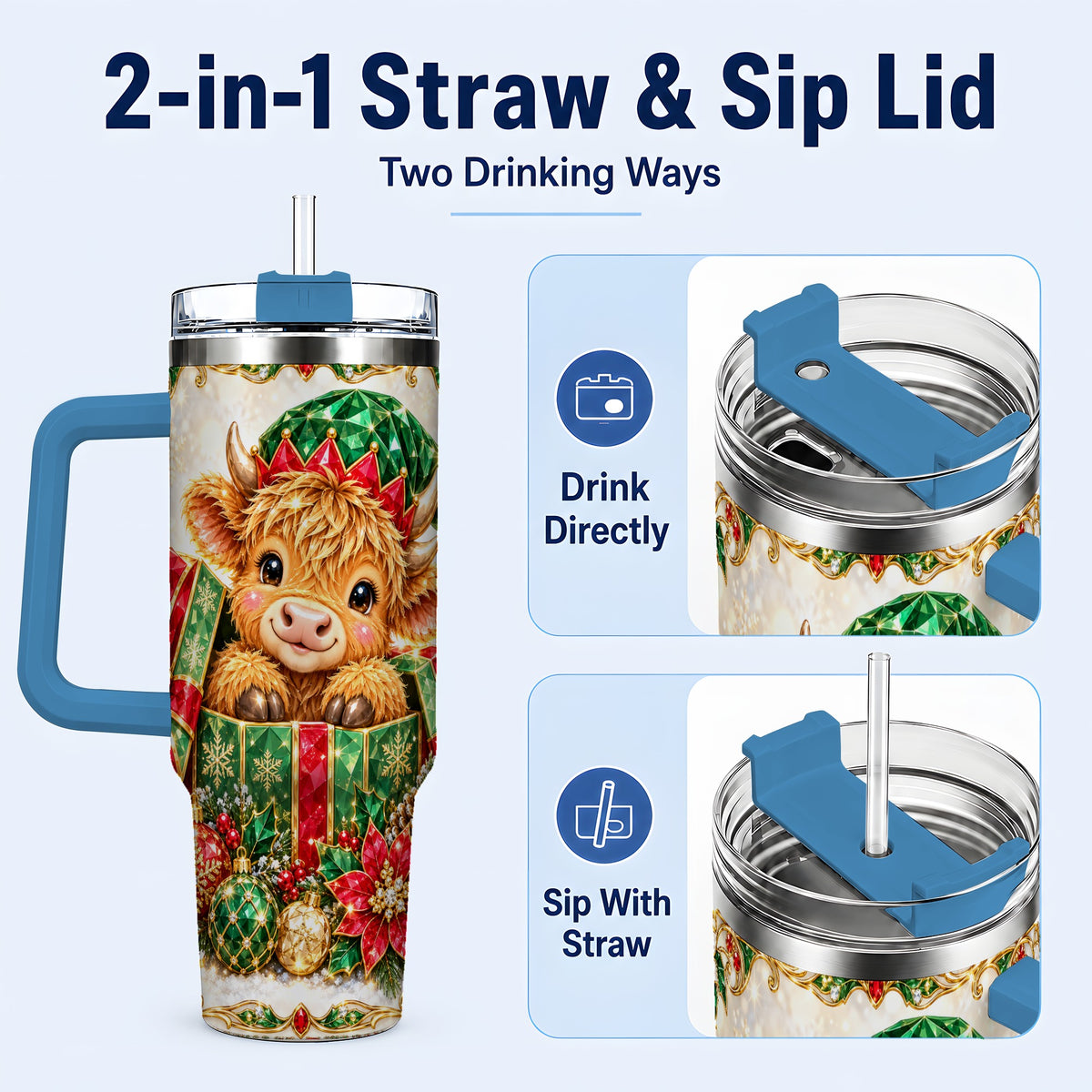 #pl[40oz|Blue] Gemstone Cow 40oz Tumbler, Highland Tumbler, Stainless Steel Travel Cup