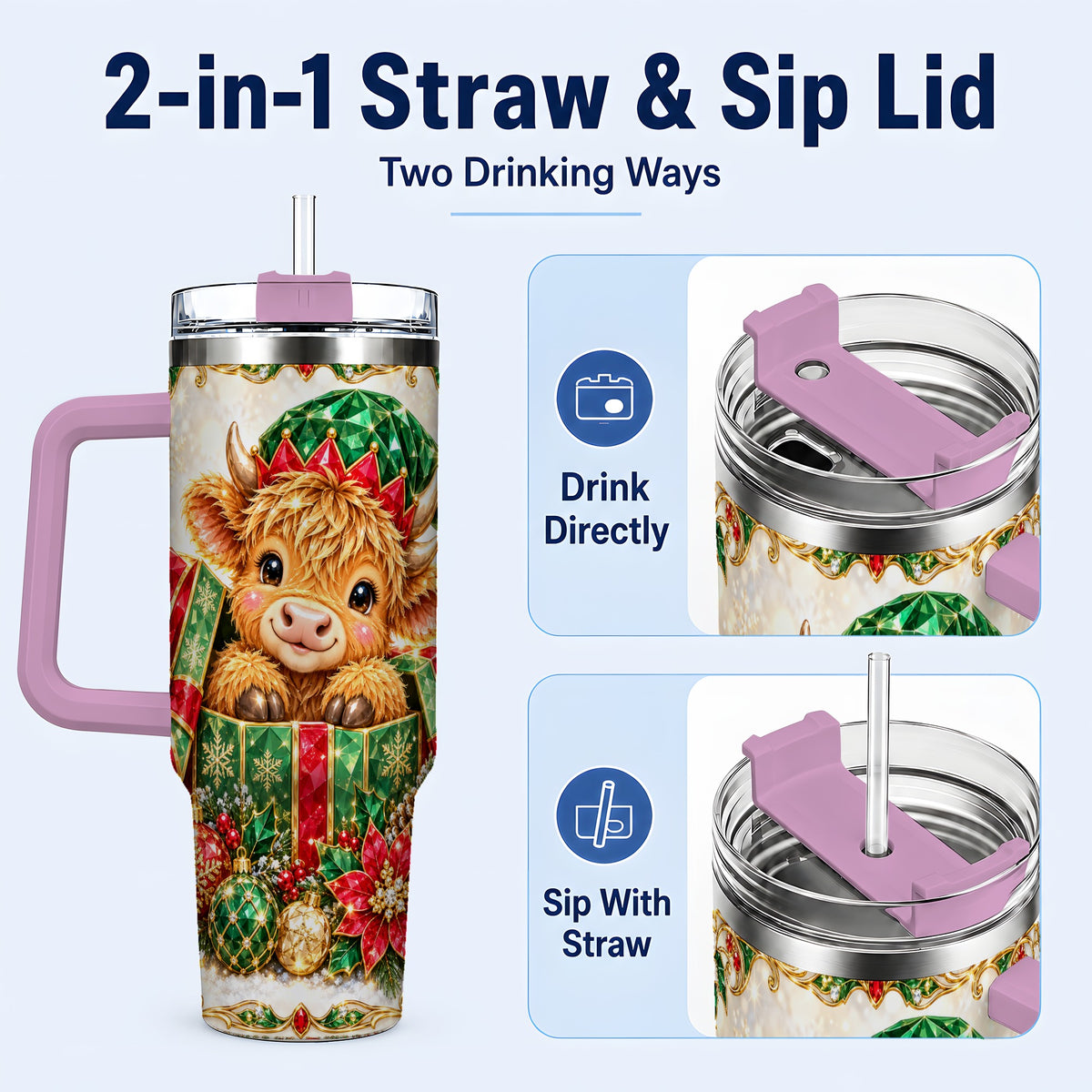 #pl[40oz|Pink] Gemstone Cow 40oz Tumbler, Highland Tumbler, Stainless Steel Travel Cup