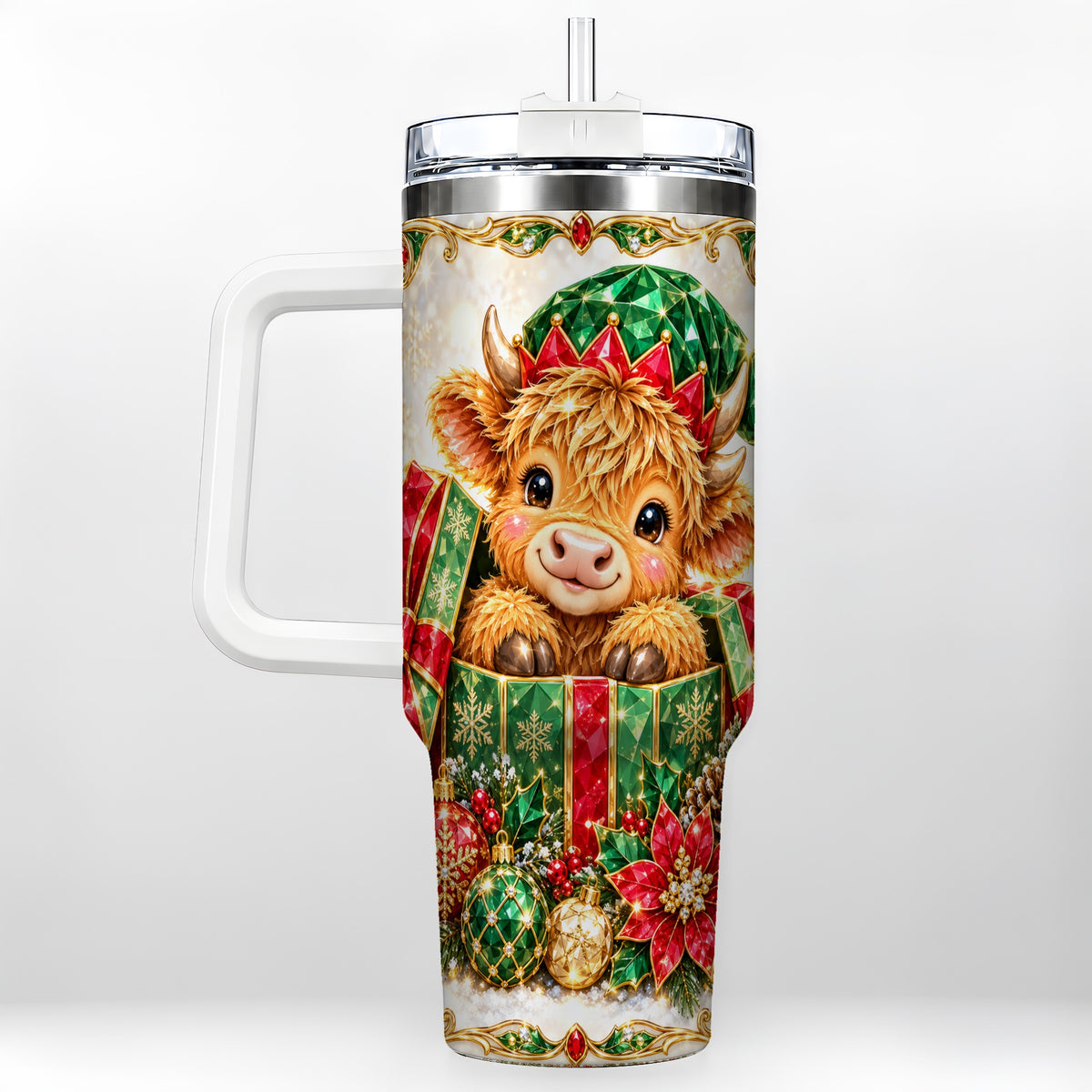 #pl[40oz|White] Gemstone Cow 40oz Tumbler, Highland Tumbler, Stainless Steel Travel Cup
