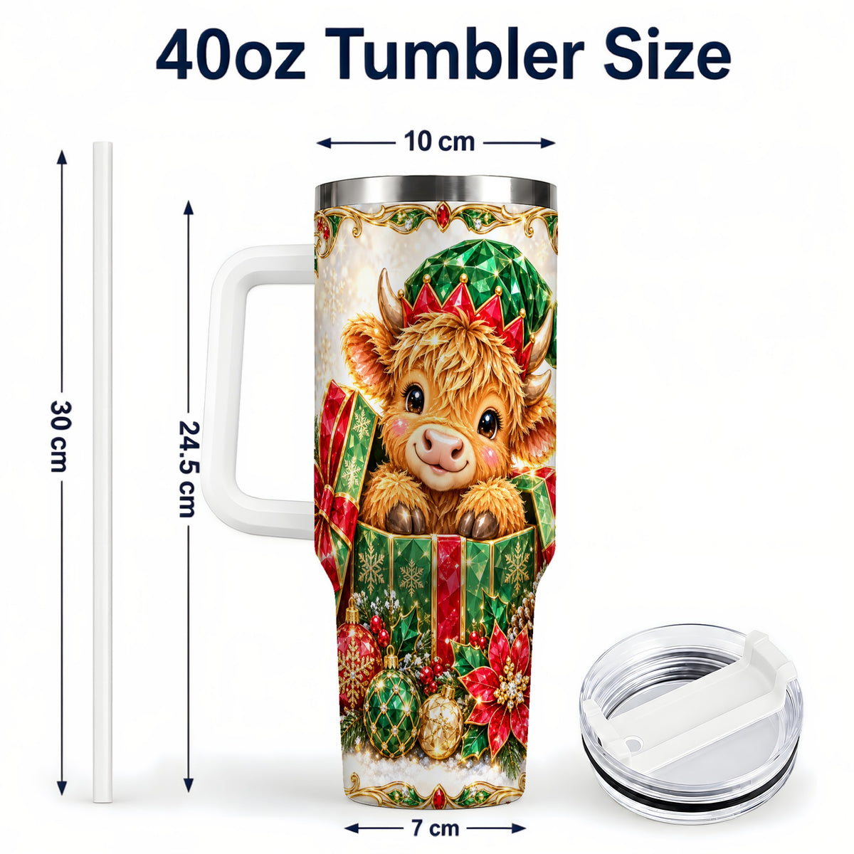 #pl[40oz|White] Gemstone Cow 40oz Tumbler, Highland Tumbler, Stainless Steel Travel Cup