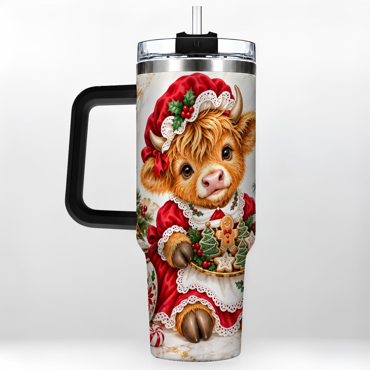 #pl[40oz|Black] Christmas Highland Cow 40oz Tumbler with Handle, Holiday Cow