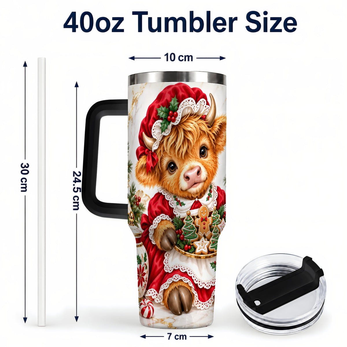 #pl[40oz|Black] Christmas Highland Cow 40oz Tumbler with Handle, Holiday Cow