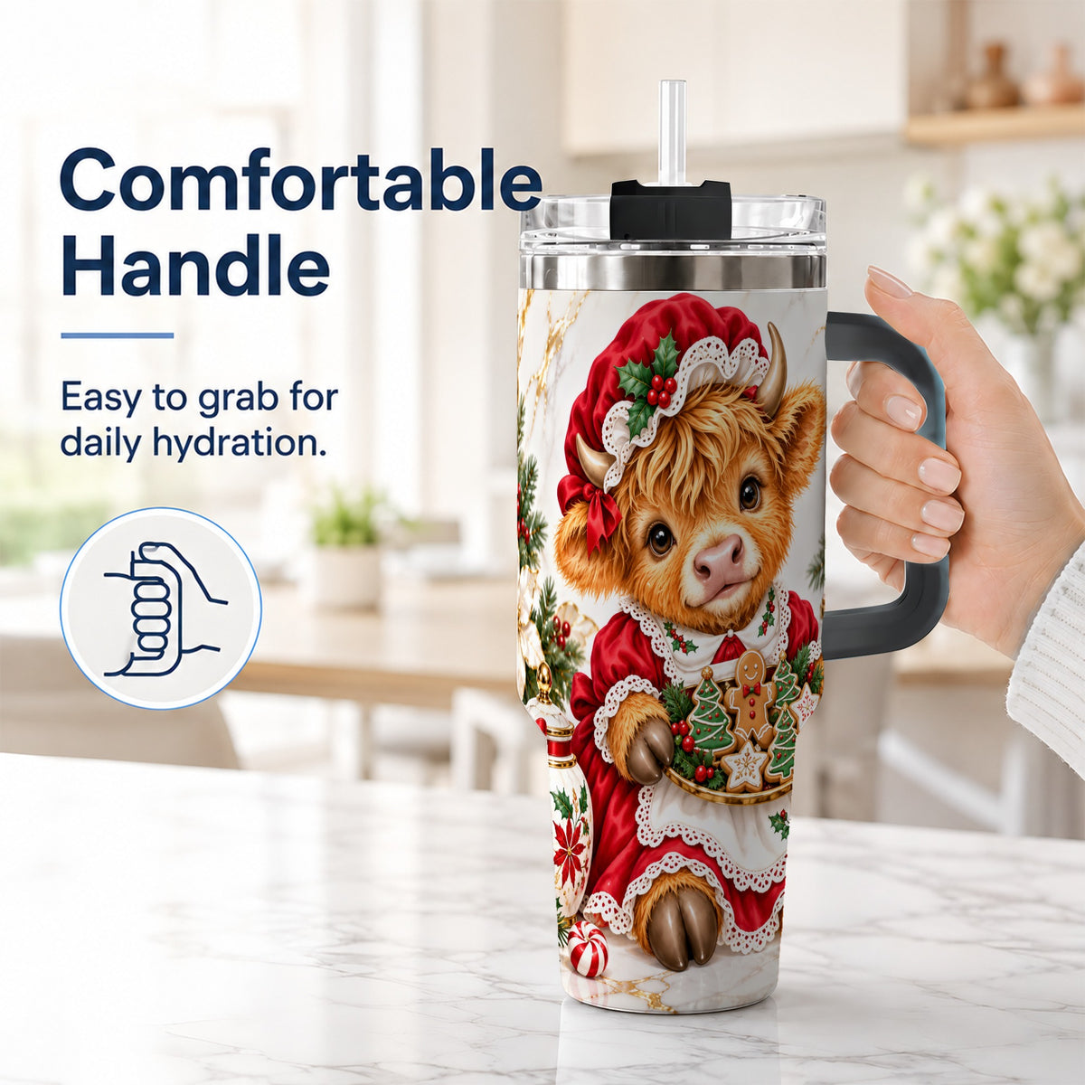 #pl[40oz|Black] Christmas Highland Cow 40oz Tumbler with Handle, Holiday Cow