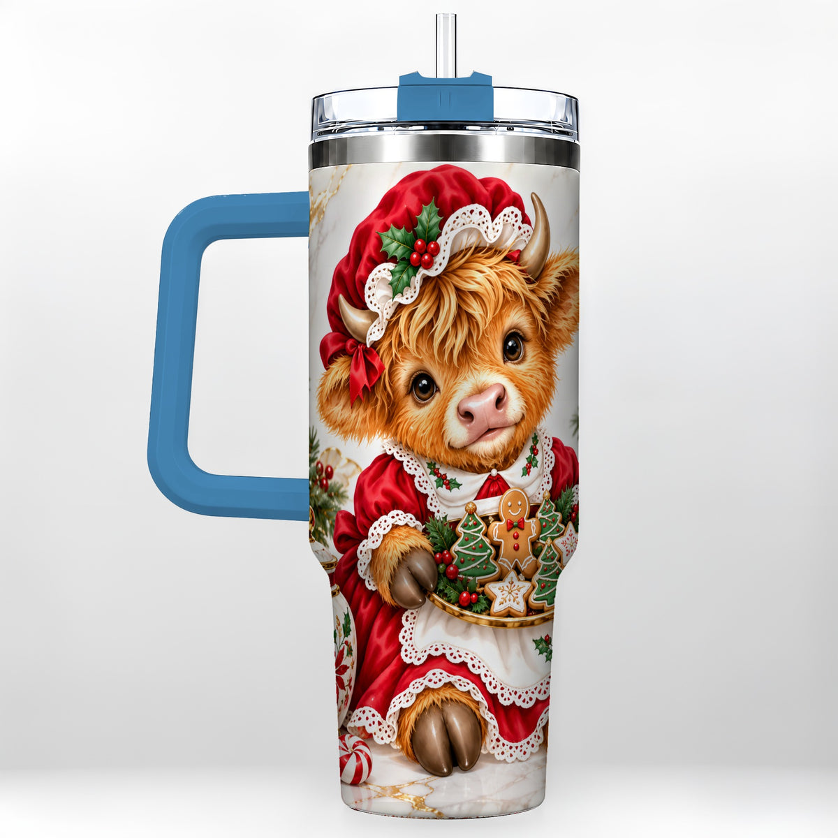 #pl[40oz|Blue] Christmas Highland Cow 40oz Tumbler with Handle, Holiday Cow