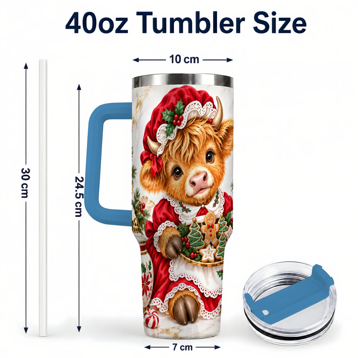 #pl[40oz|Blue] Christmas Highland Cow 40oz Tumbler with Handle, Holiday Cow