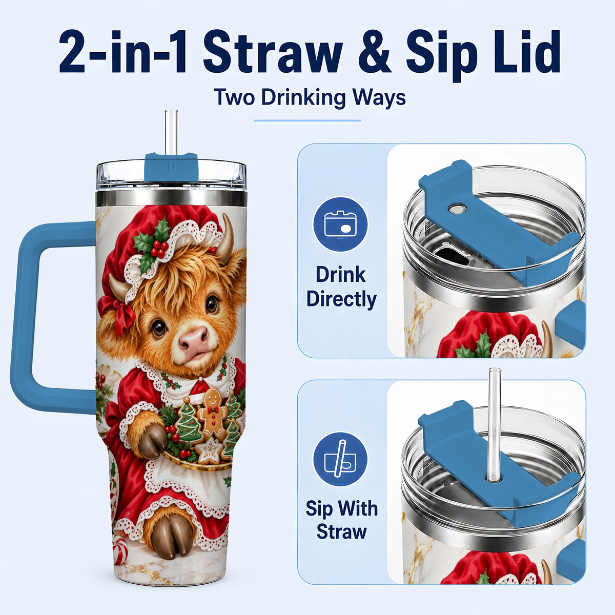 #pl[40oz|Blue] Christmas Highland Cow 40oz Tumbler with Handle, Holiday Cow