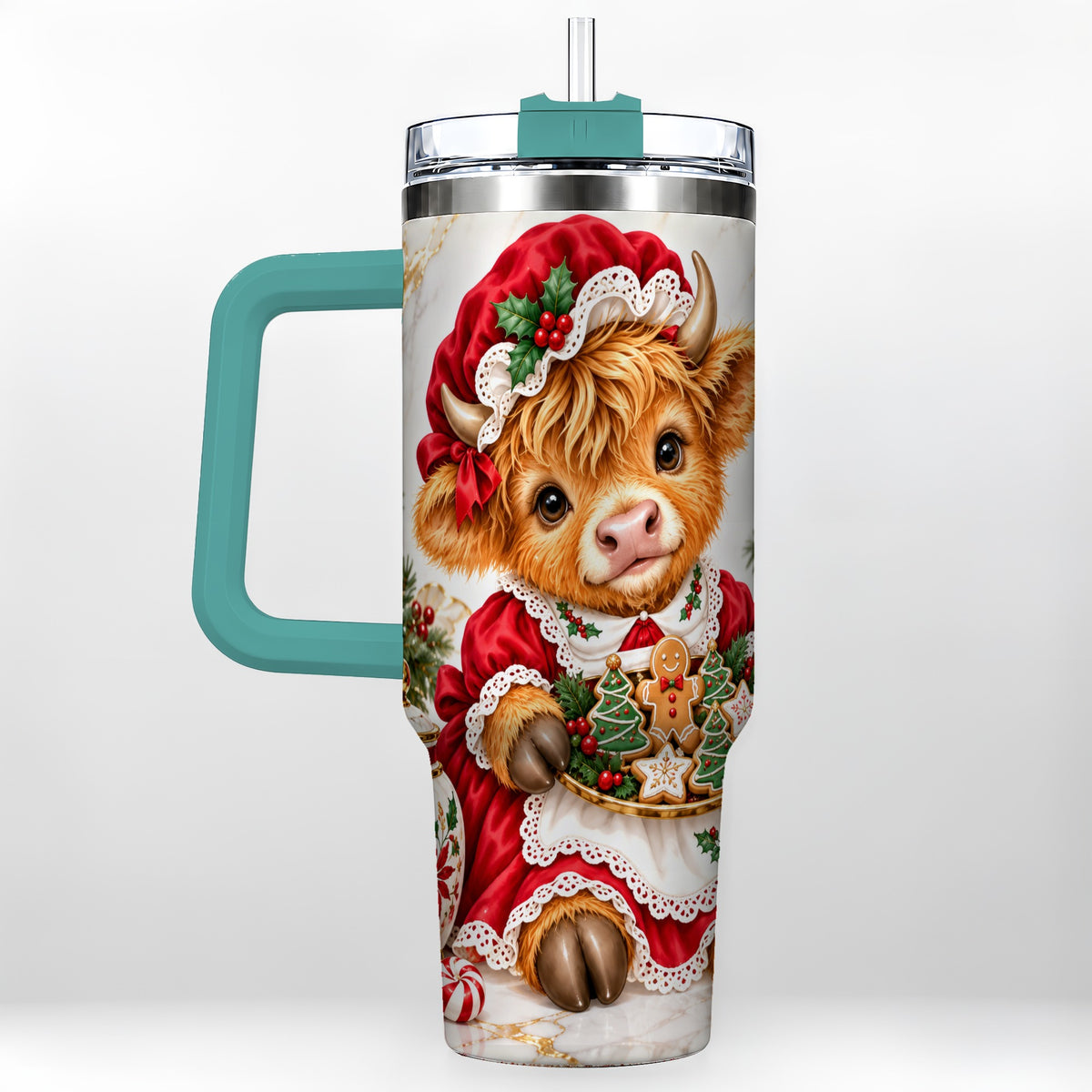 #pl[40oz|Green] Christmas Highland Cow 40oz Tumbler with Handle, Holiday Cow