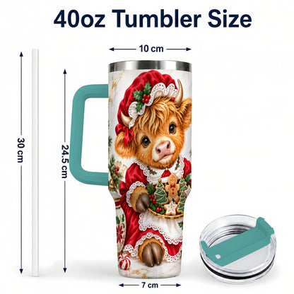 #pl[40oz|Green] Christmas Highland Cow 40oz Tumbler with Handle, Holiday Cow