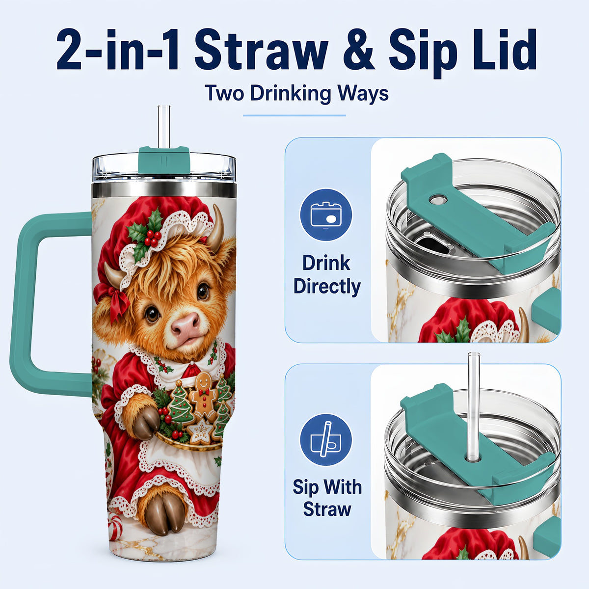 #pl[40oz|Green] Christmas Highland Cow 40oz Tumbler with Handle, Holiday Cow