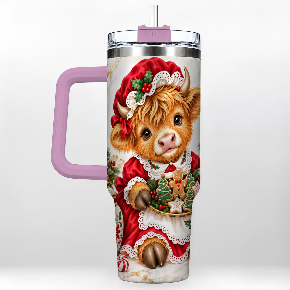 #pl[40oz|Pink] Christmas Highland Cow 40oz Tumbler with Handle, Holiday Cow