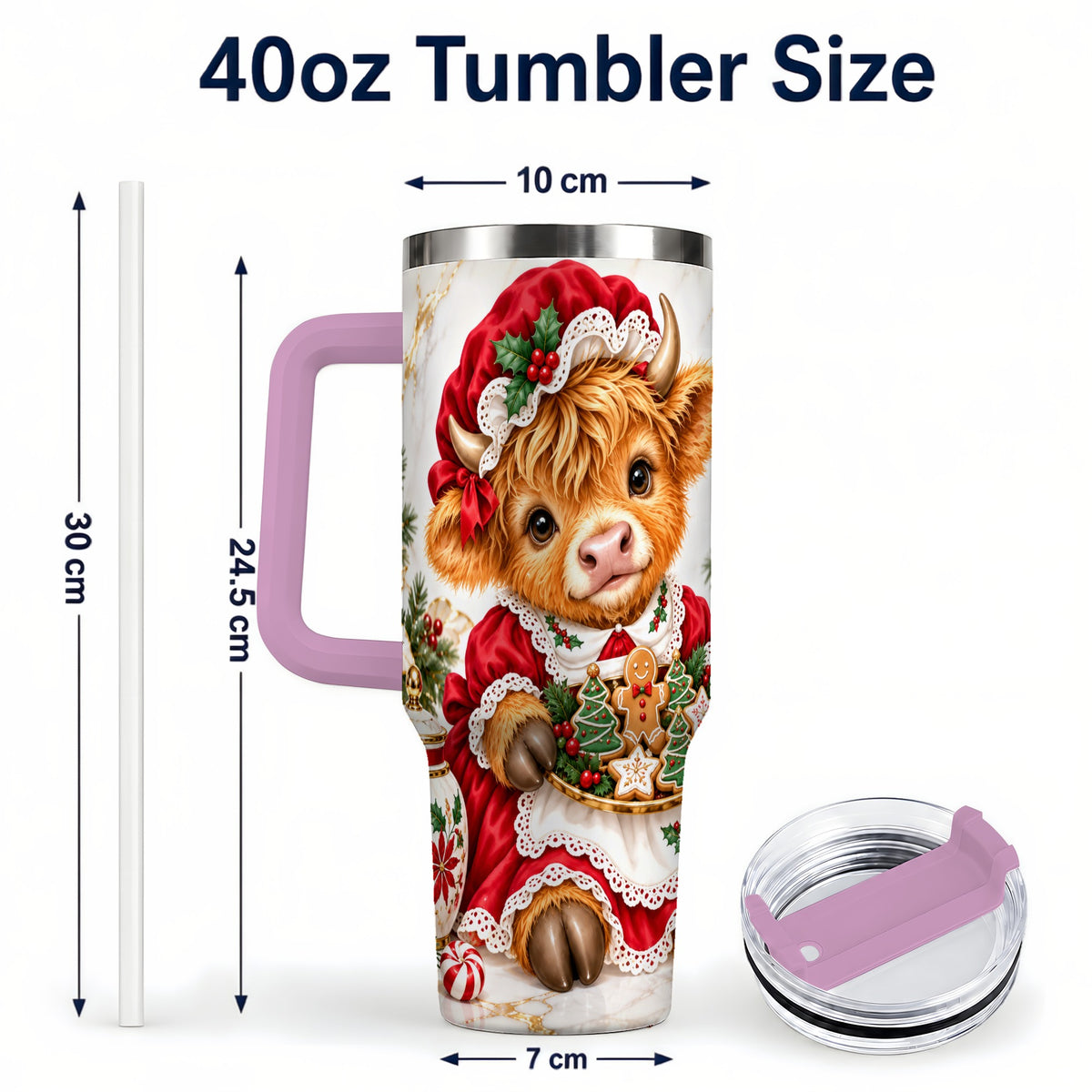 #pl[40oz|Pink] Christmas Highland Cow 40oz Tumbler with Handle, Holiday Cow