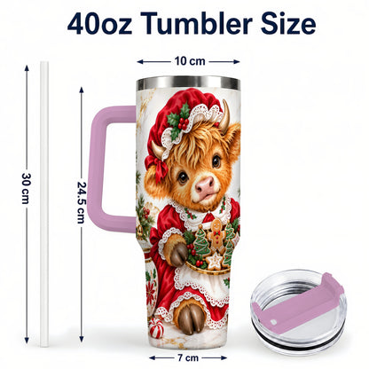 #pl[40oz|Pink] Christmas Highland Cow 40oz Tumbler with Handle, Holiday Cow
