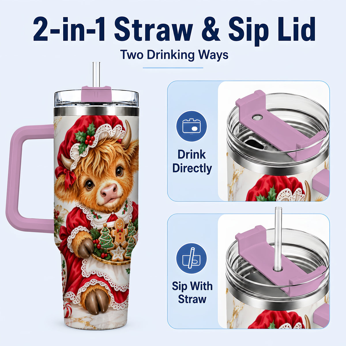 #pl[40oz|Pink] Christmas Highland Cow 40oz Tumbler with Handle, Holiday Cow
