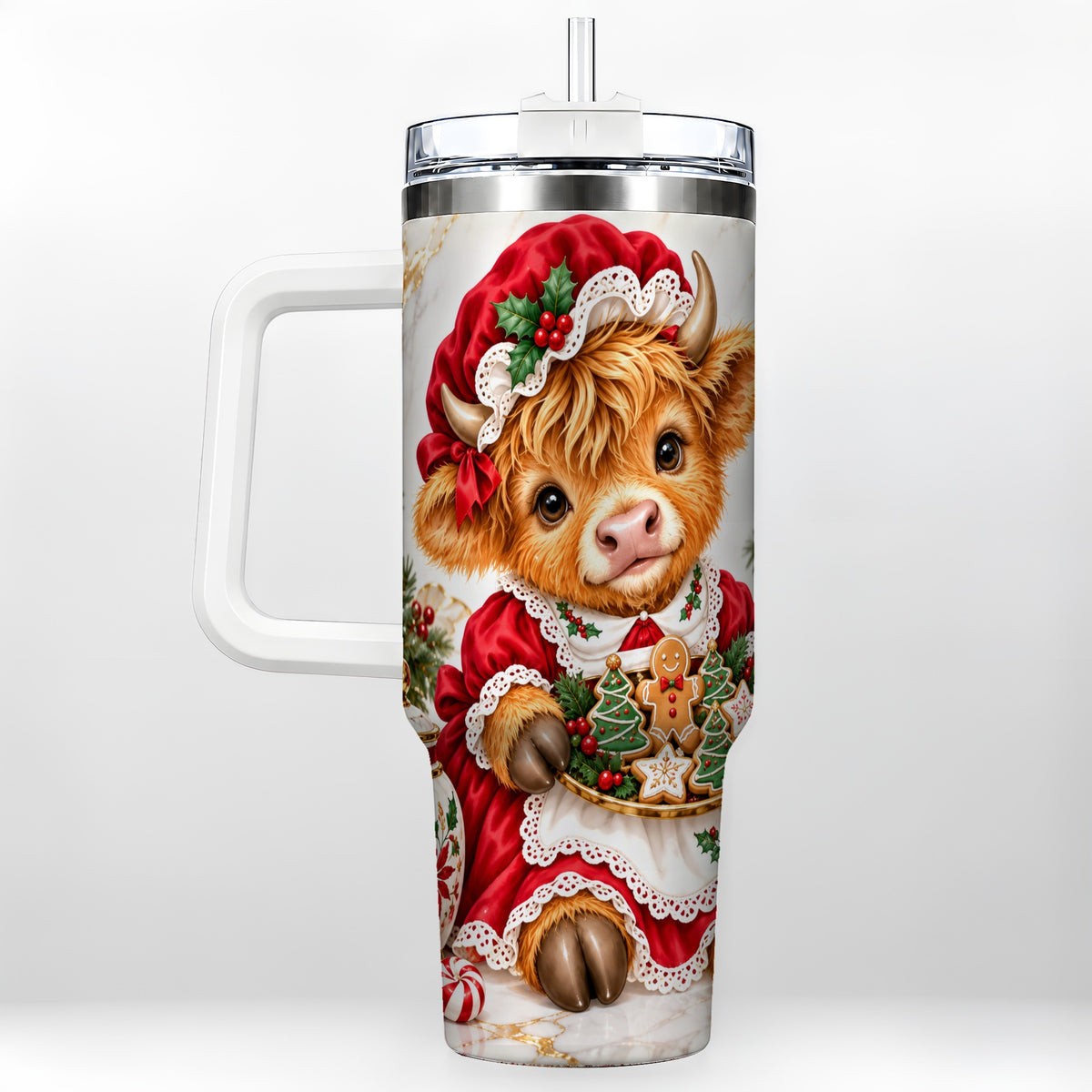 #pl[40oz|White] Christmas Highland Cow 40oz Tumbler with Handle, Holiday Cow