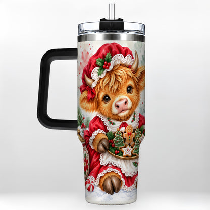 #pl[40oz|Black] Watercolor Highland Cow 40oz Tumbler with Handle, Christmas Cow