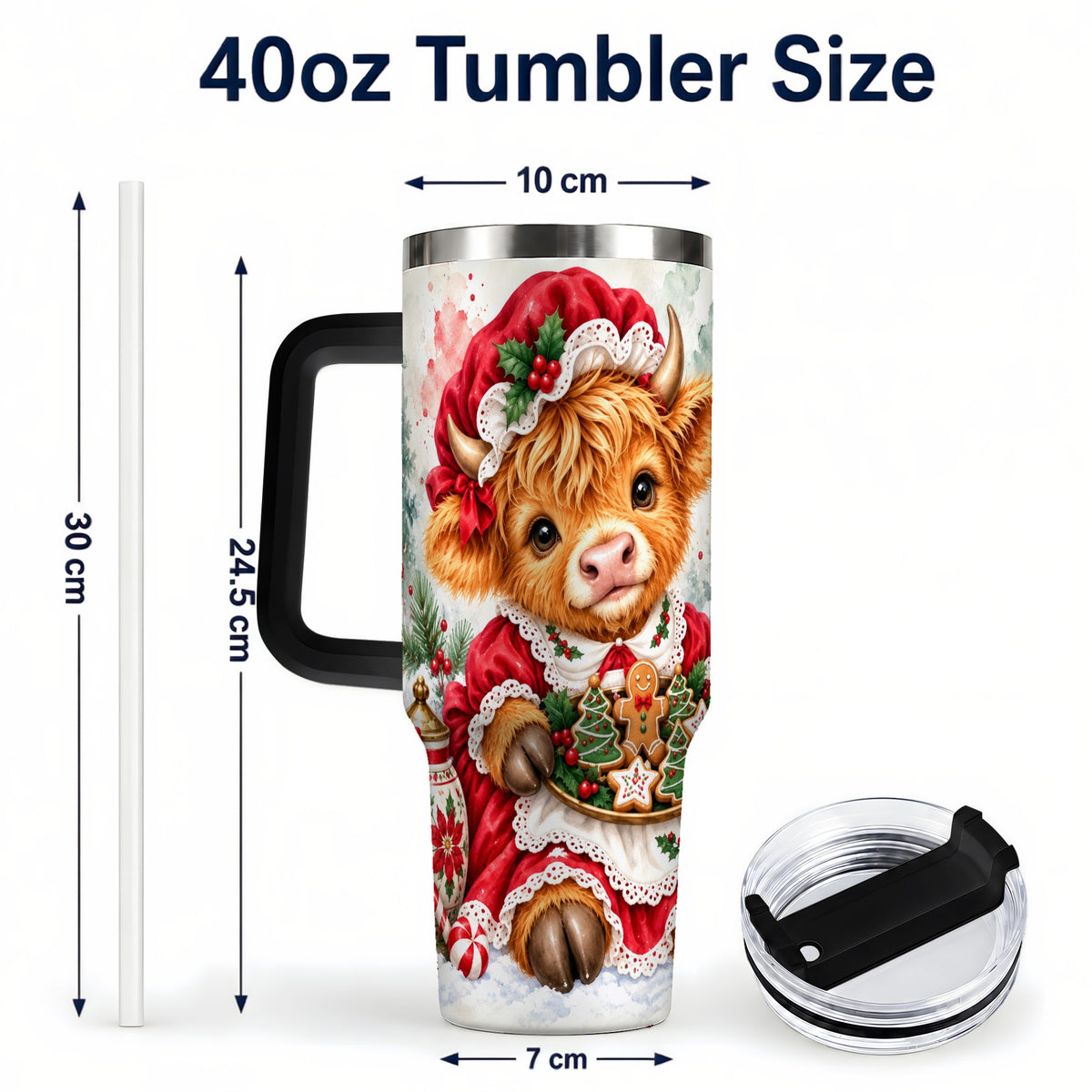 #pl[40oz|Black] Watercolor Highland Cow 40oz Tumbler with Handle, Christmas Cow