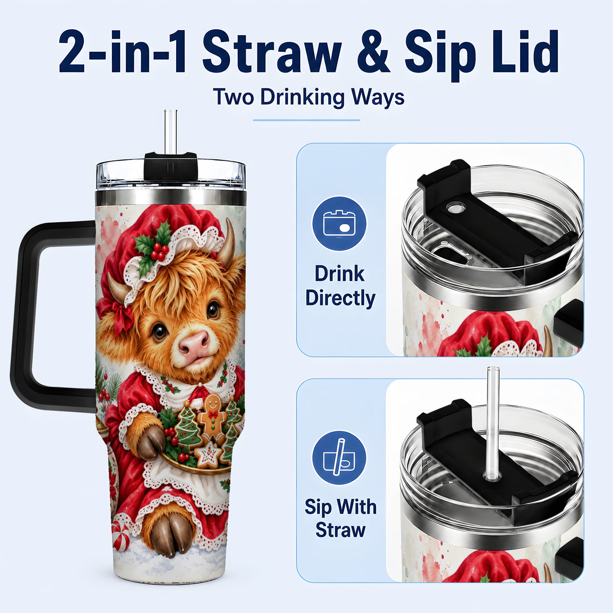 #pl[40oz|Black] Watercolor Highland Cow 40oz Tumbler with Handle, Christmas Cow