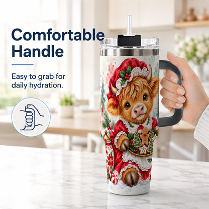 #pl[40oz|Black] Watercolor Highland Cow 40oz Tumbler with Handle, Christmas Cow