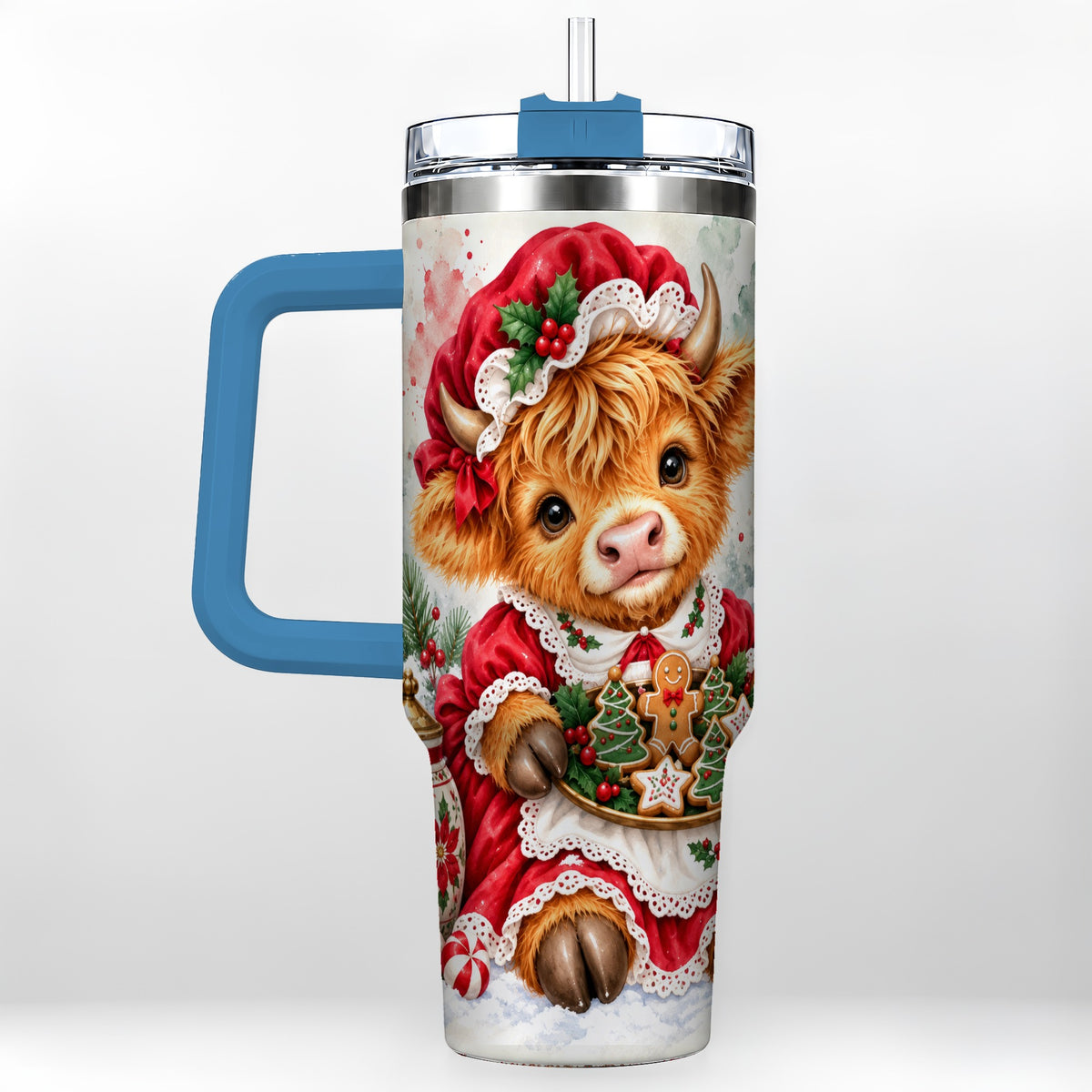 #pl[40oz|Blue] Watercolor Highland Cow 40oz Tumbler with Handle, Christmas Cow