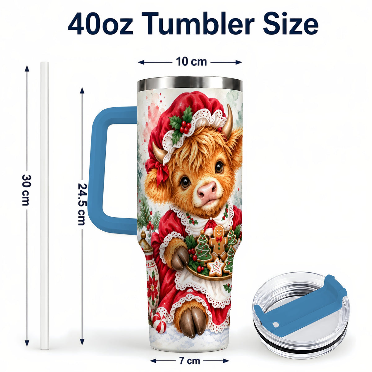 #pl[40oz|Blue] Watercolor Highland Cow 40oz Tumbler with Handle, Christmas Cow