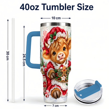 #pl[40oz|Blue] Watercolor Highland Cow 40oz Tumbler with Handle, Christmas Cow