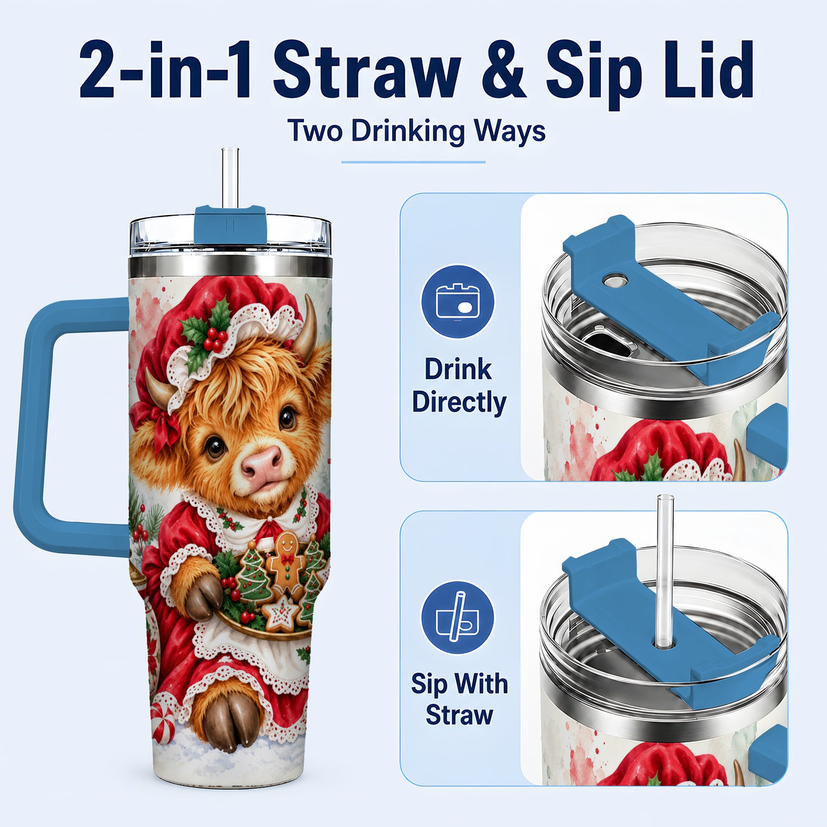 #pl[40oz|Blue] Watercolor Highland Cow 40oz Tumbler with Handle, Christmas Cow