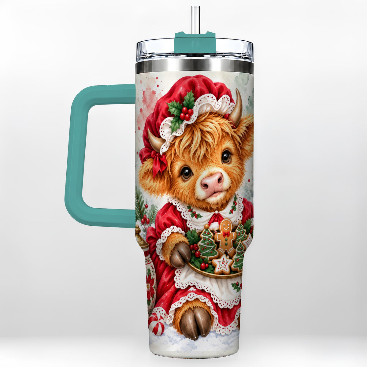 #pl[40oz|Green] Watercolor Highland Cow 40oz Tumbler with Handle, Christmas Cow