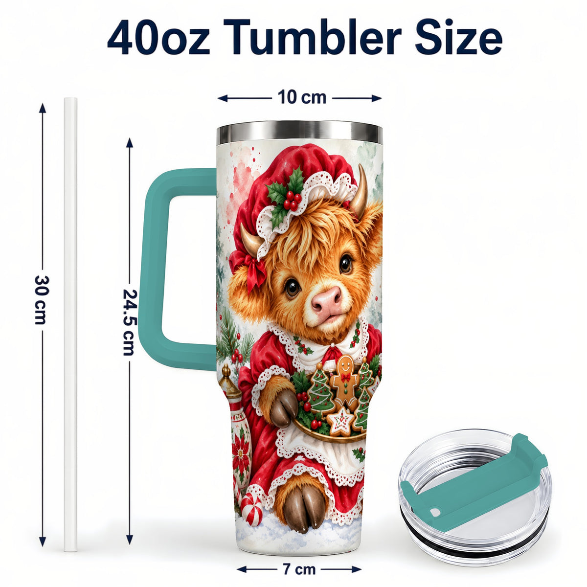 #pl[40oz|Green] Watercolor Highland Cow 40oz Tumbler with Handle, Christmas Cow