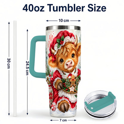 #pl[40oz|Green] Watercolor Highland Cow 40oz Tumbler with Handle, Christmas Cow