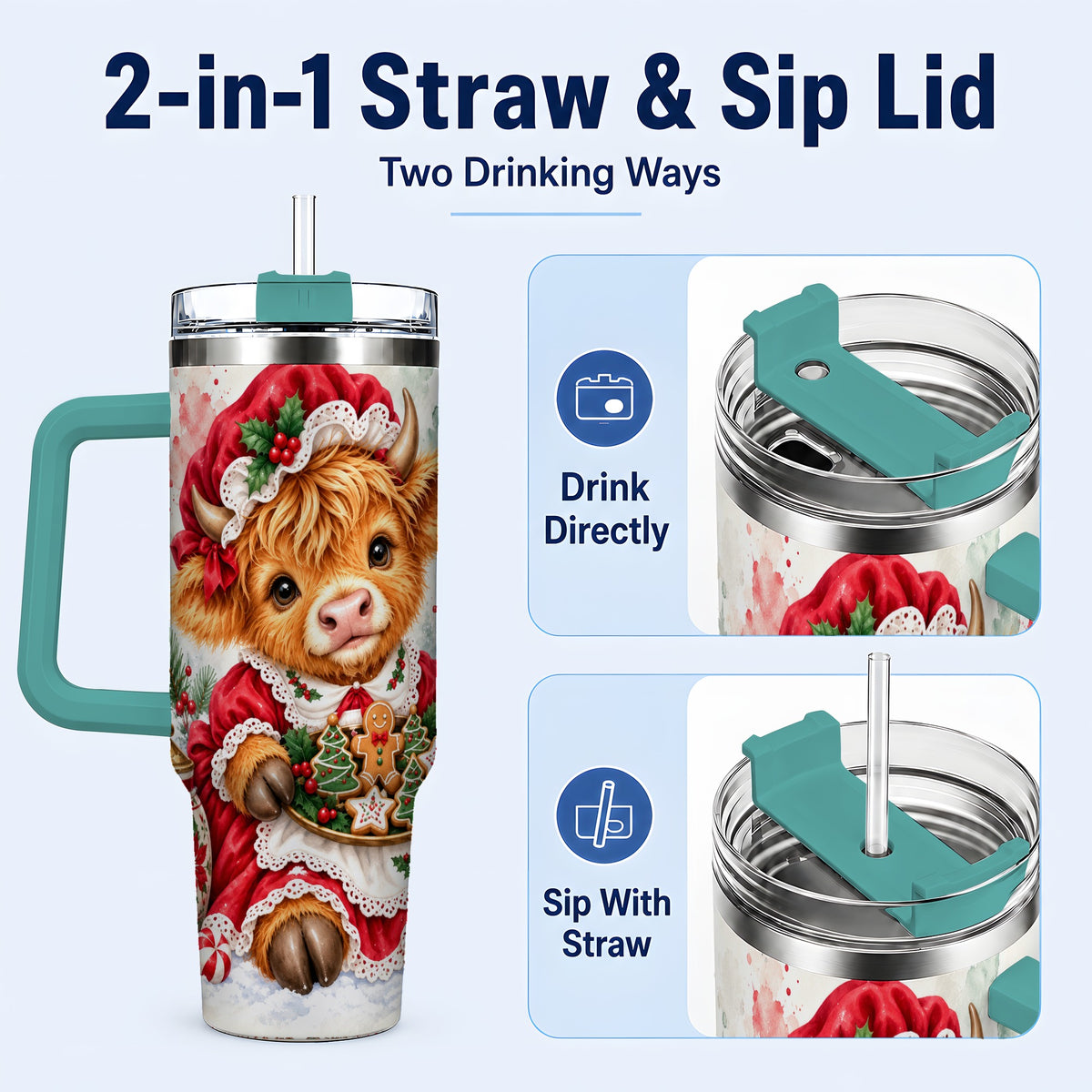 #pl[40oz|Green] Watercolor Highland Cow 40oz Tumbler with Handle, Christmas Cow