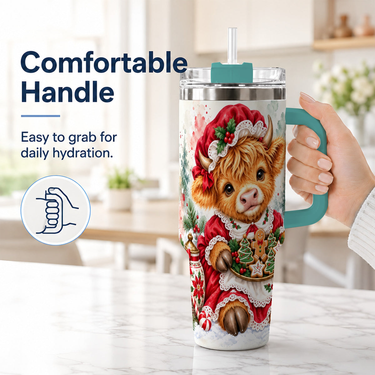 #pl[40oz|Green] Watercolor Highland Cow 40oz Tumbler with Handle, Christmas Cow