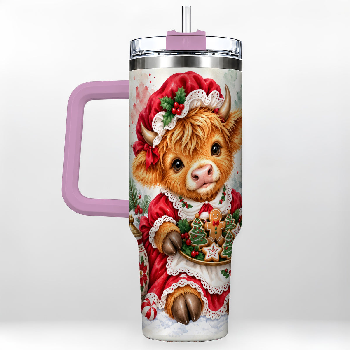 #pl[40oz|Pink] Watercolor Highland Cow 40oz Tumbler with Handle, Christmas Cow