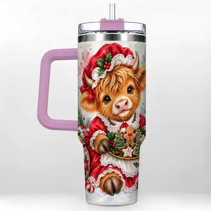 #pl[40oz|Pink] Watercolor Highland Cow 40oz Tumbler with Handle, Christmas Cow