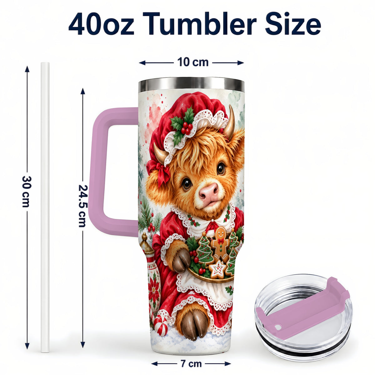 #pl[40oz|Pink] Watercolor Highland Cow 40oz Tumbler with Handle, Christmas Cow