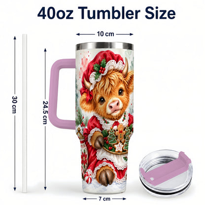 #pl[40oz|Pink] Watercolor Highland Cow 40oz Tumbler with Handle, Christmas Cow