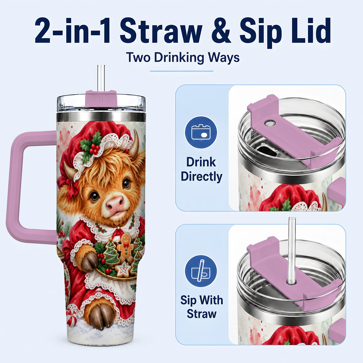 #pl[40oz|Pink] Watercolor Highland Cow 40oz Tumbler with Handle, Christmas Cow