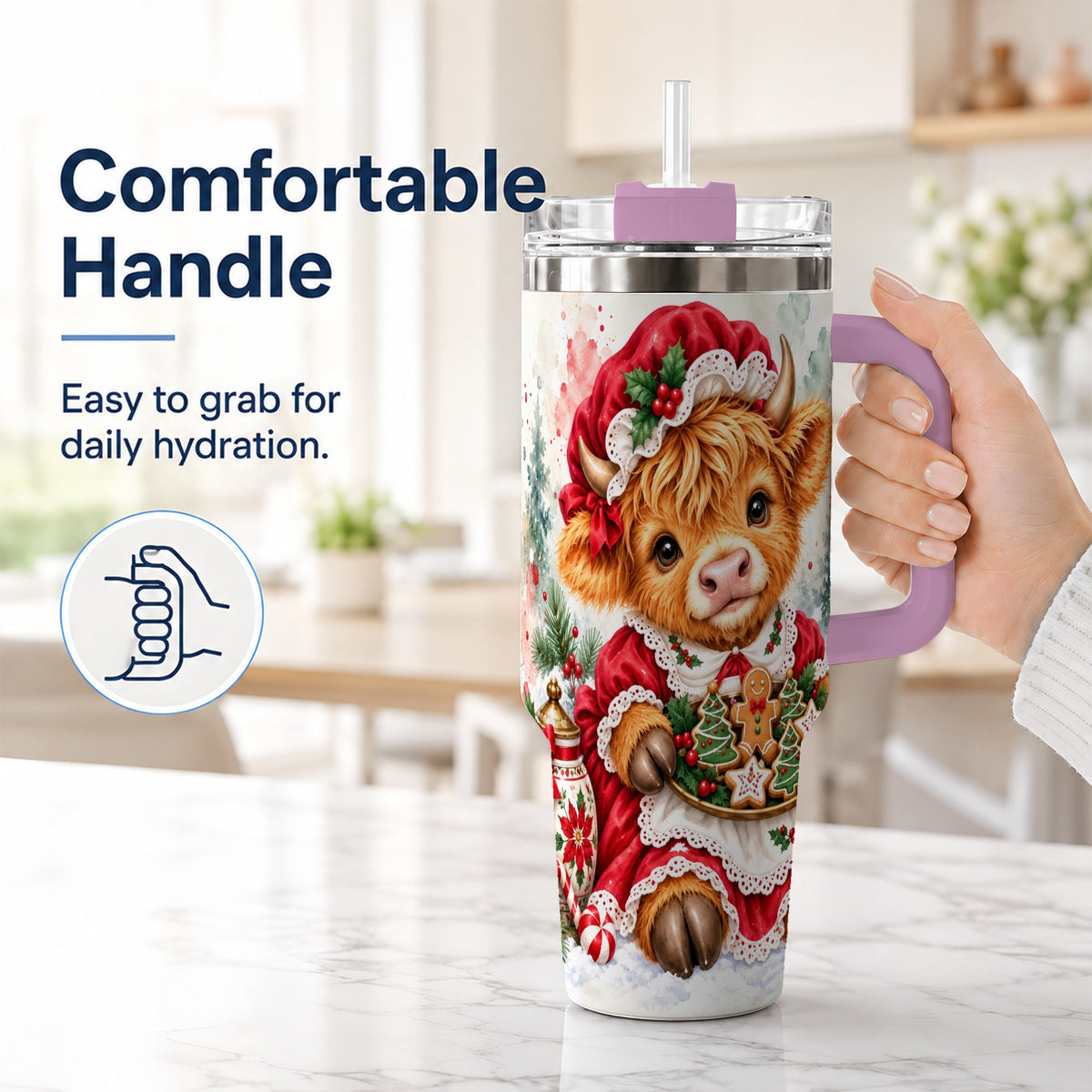 #pl[40oz|Pink] Watercolor Highland Cow 40oz Tumbler with Handle, Christmas Cow