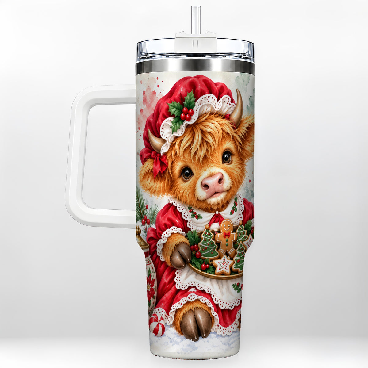 #pl[40oz|White] Watercolor Highland Cow 40oz Tumbler with Handle, Christmas Cow