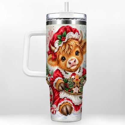 #pl[40oz|White] Watercolor Highland Cow 40oz Tumbler with Handle, Christmas Cow