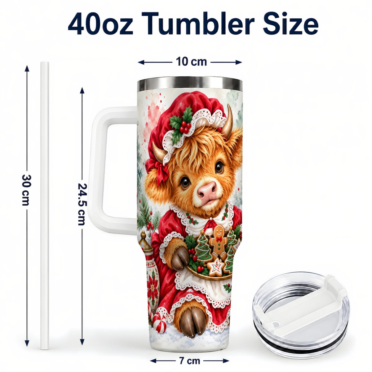 #pl[40oz|White] Watercolor Highland Cow 40oz Tumbler with Handle, Christmas Cow