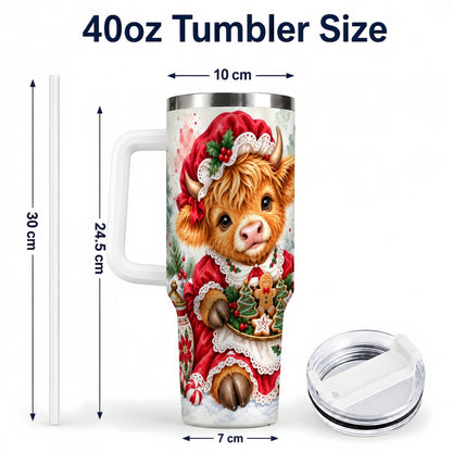 #pl[40oz|White] Watercolor Highland Cow 40oz Tumbler with Handle, Christmas Cow