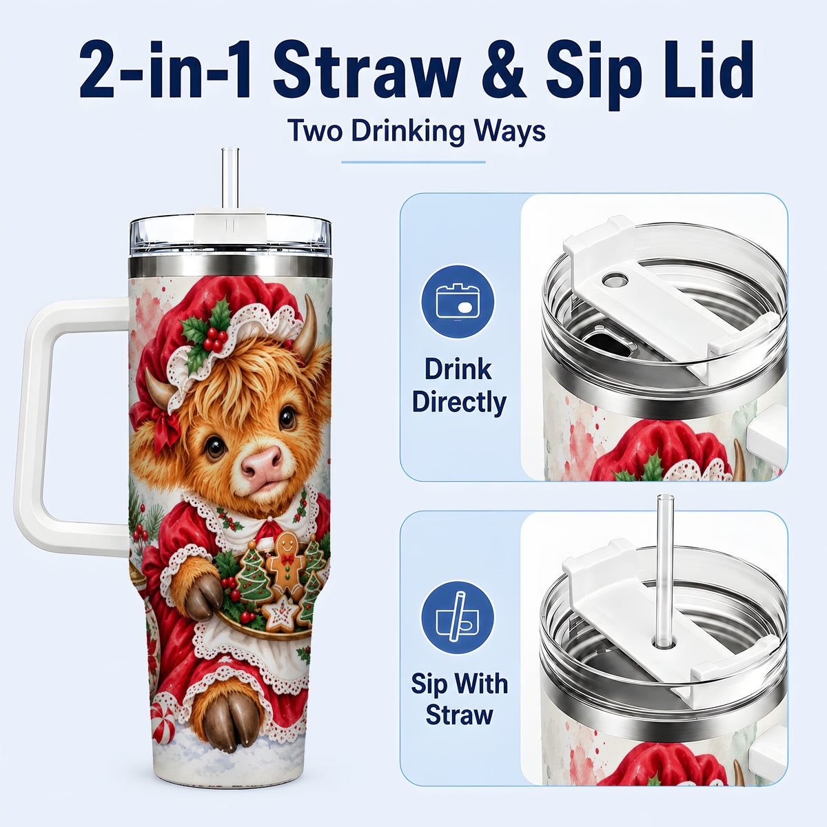 #pl[40oz|White] Watercolor Highland Cow 40oz Tumbler with Handle, Christmas Cow