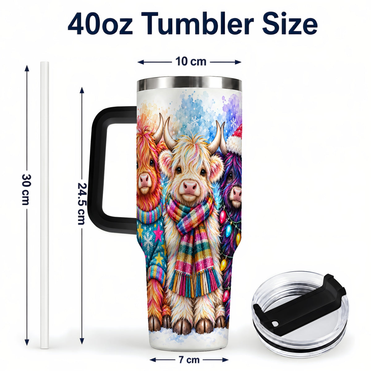 #pl[40oz|Black] Colorful Highland Cow 40oz Tumbler with Handle, Christmas Theme