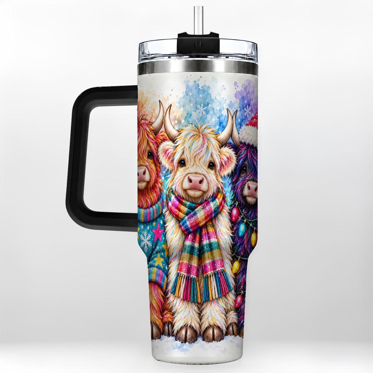 #pl[40oz|Black] Colorful Highland Cow 40oz Tumbler with Handle, Christmas Theme
