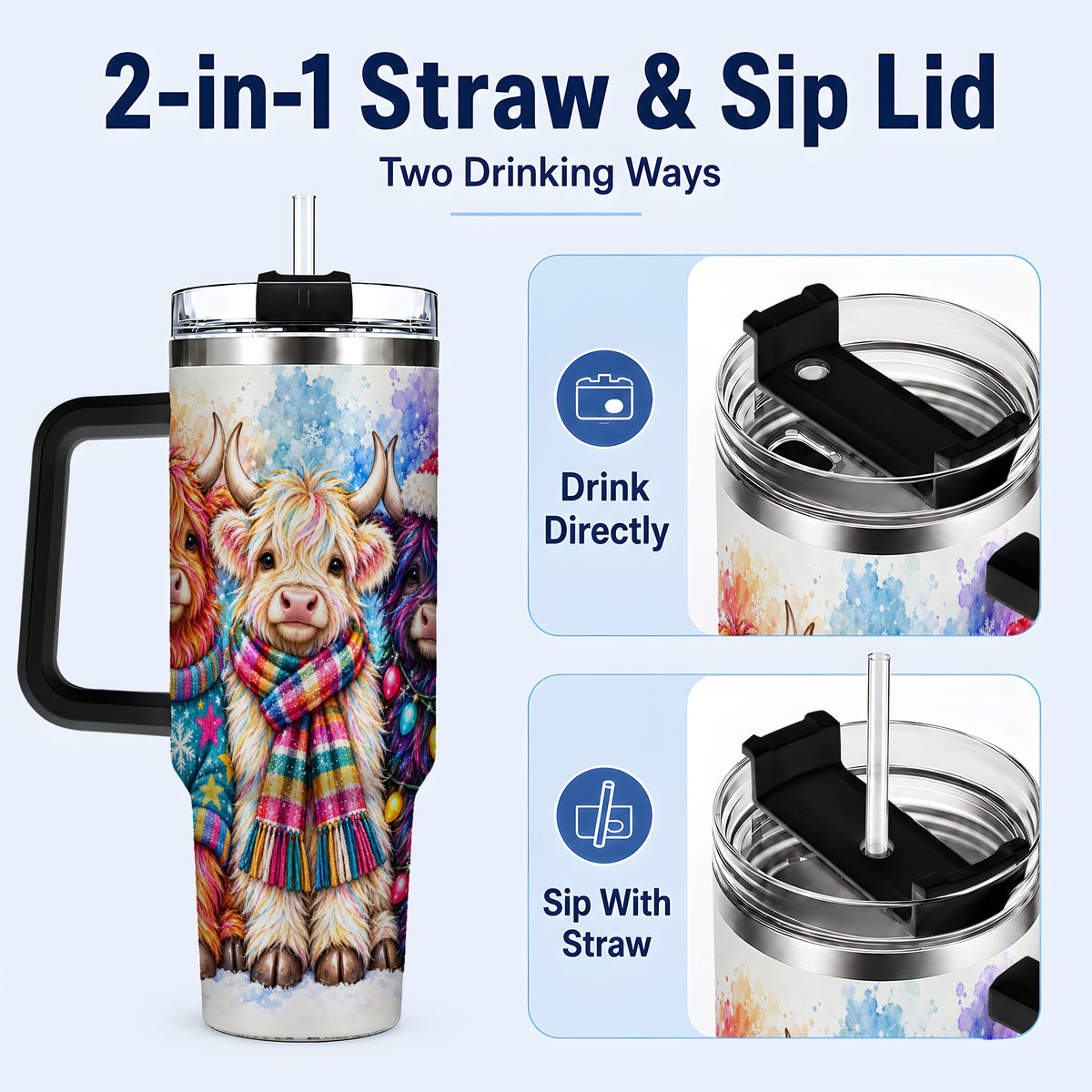 #pl[40oz|Black] Colorful Highland Cow 40oz Tumbler with Handle, Christmas Theme