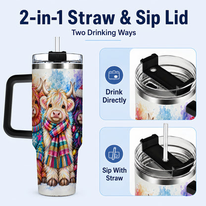 #pl[40oz|Black] Colorful Highland Cow 40oz Tumbler with Handle, Christmas Theme