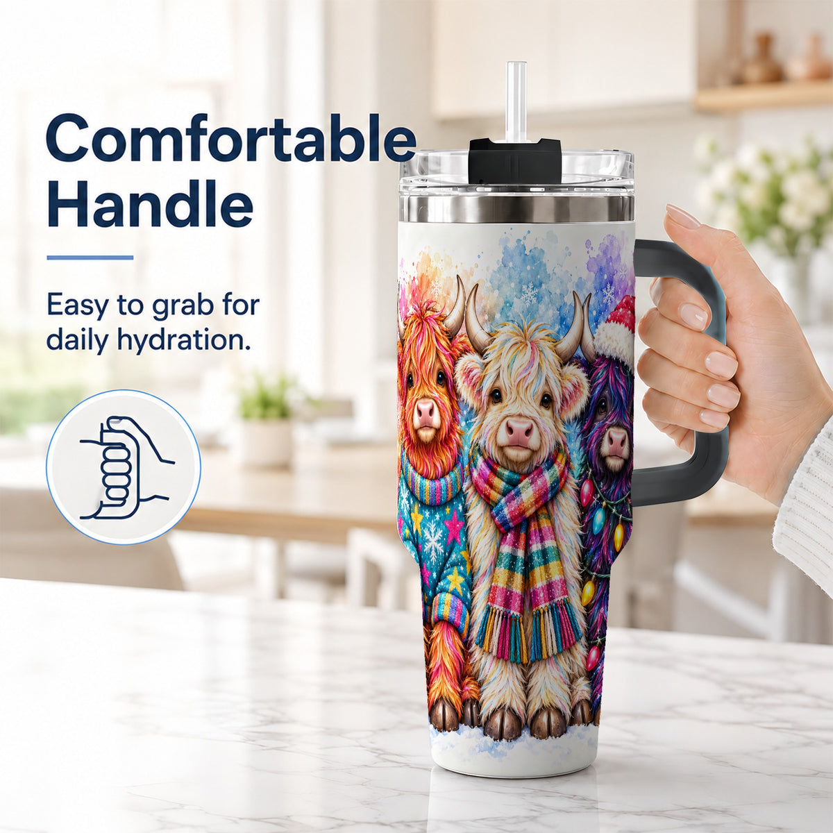 #pl[40oz|Black] Colorful Highland Cow 40oz Tumbler with Handle, Christmas Theme